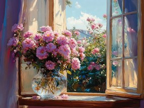 Vászonkép Canvas Ablak Kert Bokor Virágok Rózsa Csokor Váza 80x60