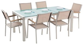 Hatszemélyes étkezőasztal repedezett osztott üveglappal és bézs textilén székekkel GROSSETO Beliani