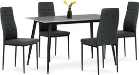 Étkezőgarnitúra 1+4, asztal 130x70, szinterezett kőlap szürke matt márvány mintázattal, székek mélyzöld szövet kárpittal