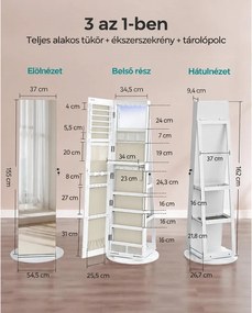 Ékszerszekrény, tükrös szekrény 360°-ban forgatható, fehér felülettel és greige