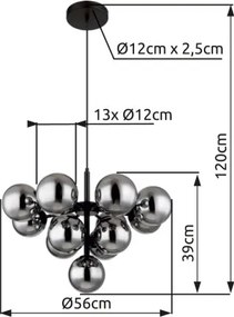 Globo 56143-13 Függeszték fém fekete matt, füstszínű üveg gömbök, fekete textil kábel, magassága lerövidíthető, ø: 560mm, M: 1200mm, 13x G9 LED 5W 230V izzók nélkül