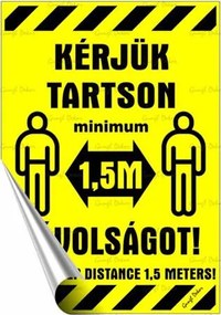 Információs matrica, 11,6x16,6 cm, kétnyelvű, Kérjük tartson mininum 1,5 m távolságot! (LUIN116)