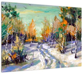 Kép - havas út az erdőben, olajfestmény (70x50 cm)