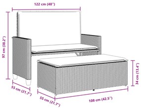 fekete polyrattan kerti pad párnákkal és lábtartóval