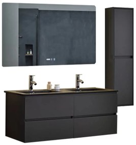 Hongkong Duo Antracit 120 komplett fürdőszoba bútor szett fali mosdószekrénnyel, dupla fekete mosdóval, tükörrel, szekrénnyel