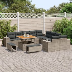 13 Részes Kerti Kanapé Szett Párnákkal Szürke Poli Rattan Akáccal, 3 Részes Kerti Étkező Szett Párnákkal Szürke Poli Rattan Akáccal