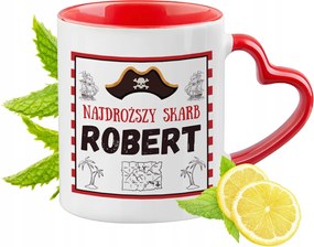Piros bögre szív alakú füllel Robertnek Ajándék