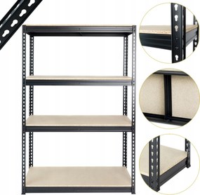 Robusztus fém könyvespolc erős 180x120x40 4x600kg fekete 15mm loft lemez