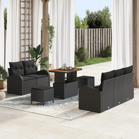 8 Darabos Kert Kanapé Készlet Párnákkal Fekete Poly Rattan Akácia