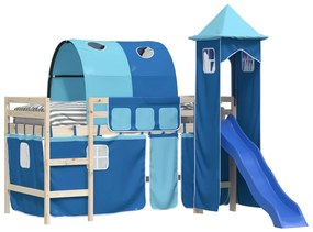 kék függönyök alagúttal és toronnyal ellátott tetőtéri ágyhoz