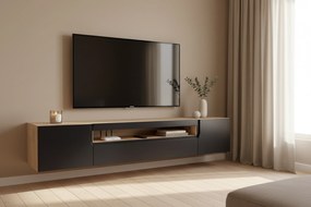 Loftia fali TV szekrény 200 cm, kétszárnyú, nyitott résszel - artisan / fekete matt