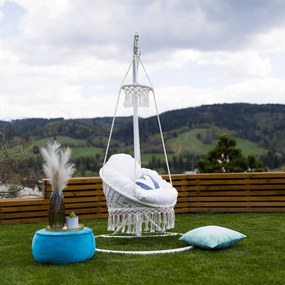 Függő hintaszék bojtokkal, fehér, DELUS