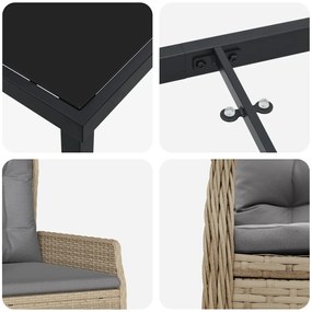 5 Darabos Kerti Étkező Garnitúra Bézs Poli Rattan, Asztal Fekete 80x80x73 cm Edzett Üveg