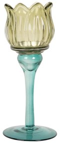 Üveg mécsestartó tulipán kehely alakú 7x19 cm kék zöld