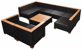 9-részes fekete polyrattan kerti bútorszett párnákkal