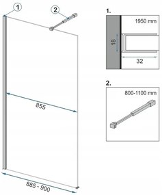 Rea Aero, zuhanykabin paravánja 90 cm + EVO polc és akasztó, 8 mm átlátszó üveg, fekete profil, KPL-K7581