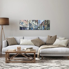 Kép - régi város sikátora, akril festmény (órával) (90x30 cm)