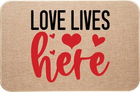 Lábtörlő lenvászon dísz Valentin napra Love lives Here A szerelem itt él