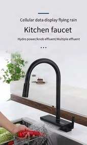 Konyhai csaptelep ELITE EDITION KFS1442 kihúzható zuhanyfejjel, vízeséses kifolyóval és LED-kijelzővel, több színváltozatban — Szálcsiszolt arany