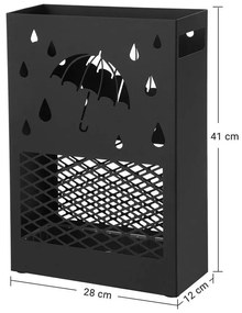 Esernyőtartó fém téglalap alakú kivehető vízcsepp tálcával, fekete