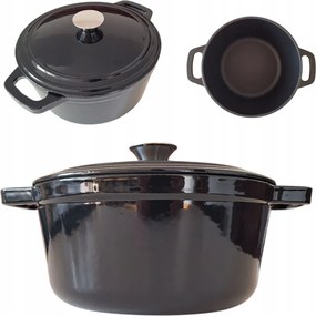 Öntöttvas Fazék 4.5L Tömör Zománcozott Fazék Fedővel Fekete Serpenyő