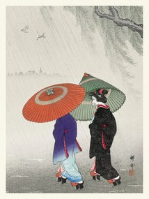 Festmény reprodukció Geisha in the Rain / Wearing Traditional Kimono (Japandi Vintage) - Ohara Koson, (30 x 40 cm)