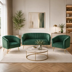 Design kétszemélyes kanapé, sötétzöld Velvet szövet/gold króm-arany, BAGY
