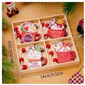 Fából készült karácsonyi dekorációs készlet HOT DRINKS, 12 db
