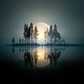 Canvas Vászonkép Telihold Köd Tó Erdő Magány 80 x 80