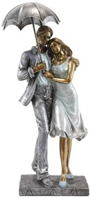 Aranyszín férfi-nő szerelmespár elegáns ezüst ruhában esernyő alatt dekorfigura 29x13x8cm