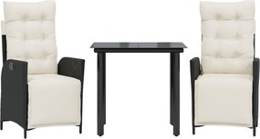 vidaXL 3 részes fekete polyrattan kerti étkezőgarnitúra párnákkal