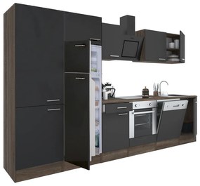 Yorki 330 konyhablokk yorki tölgy korpusz,selyemfényű antracit front alsó sütős elemmel polcos szekrénnyel és felülfagyasztós hűtős szekrénnyel