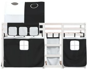 fehér/fekete tömör fenyőfa emeletes ágy függönyökkel 90x200 cm