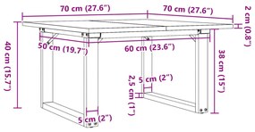 tömör fenyőfa és acél dohányzóasztal O-vázzal 70x70x40 cm