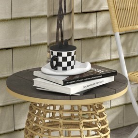 Outsunny Kerti Kávétábla, Kültéri Kerek Műgyanta Rattan-Külső Fém Oldaltábla Kompozit Toppal, Ø 45 x 50 cm Természetes | Aosom