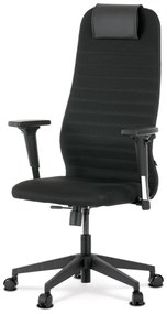Scaun de birou, tapițat cu material textil negru și piele ecologică, mecanism de balans și brațe 2D.