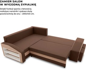 Grande sarokkanapé polcokkal és puffokkal , polc a bal karfaban puffok a jobb karfaban, baloldali, szövet anyag, bonell töltet, barna