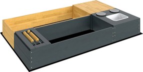 AIYAPLAY 2 részes fa homokozó 150 x 90 x 19,5 cm üléssel, tárolóval, játékkályhával és levehető mosogatóval, abakuszgyöngyökkel – 3–8 éveseknek, sárga