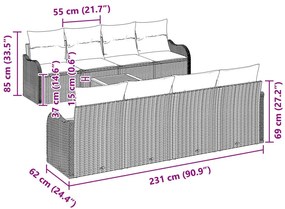 9 részes kerti kanapé szett párnákkal Bézs Poli Rattan Akácia, 2 fős kerti kanapé párnákkal Bézs Poli Rattan
