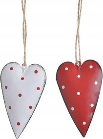 Fém szív fehér/piros pöttyös- dekorációs medál 2 db 7 cm