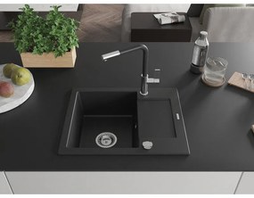 Mexen Enzo, 1 kamrás gránit mosogató 576x465x174 mm és Flora mosogató csaptelep, fekete, 6506-77-670401-07