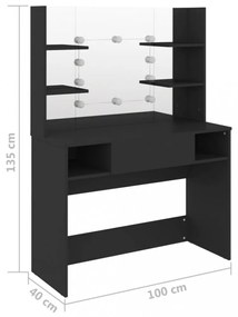 fekete LED-es MDF sminkasztal 100 x 40 x 135 cm