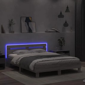 szürke sonoma színű ágykeret fejtámlával és LED-del 140x200 cm
