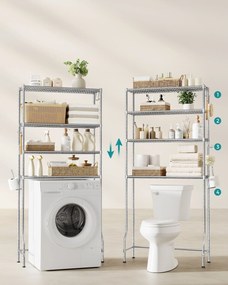4 szintes tároló a wc felett, fém tároló állvány, állítható polcok, 4 kampó, ezüstszürke