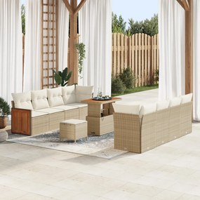 11 Részes Kerti Sofa Szett Párnákkal Bézs Poli Rattan Akáciával