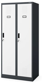 Pléh öltözőszekrény talpazaton, kétmodulos, polccal és köztes fallal KACPER, 800 x 1800 x 500 mm, antracit-fehér