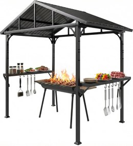 Outsunny BBQ Shelter Gazebo 252 x 156 x 248 cm Steel Hard Top with 2 Side Shelves & Hooks — Outdoor Grill Canopy for Patio, Garden, Yard, Black | Aoso