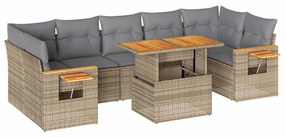 8 részes bézs polyrattan akácfa kerti ülőgarnitúra párnával
