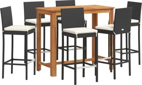 vidaXL 7 részes fekete tömör akácfa és polyrattan kerti bárszett