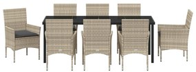 9 Részes Kerti Étkezőszett Párnákkal, Világosszürke Poli Rattan, Kerti Asztal, Fekete 200x80x73 cm, Edzett Üveggel